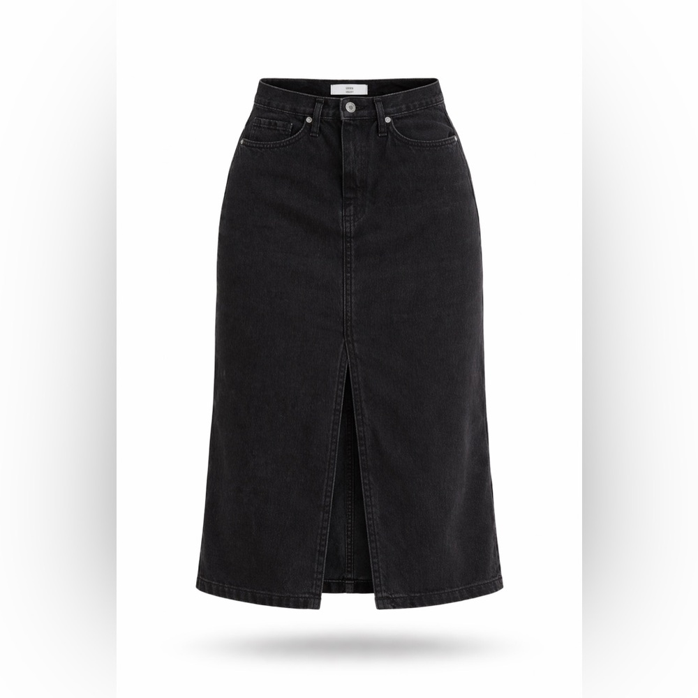 Mango Black Denim Midi Skirt Front Slit High Waist Size S Casual Dressy